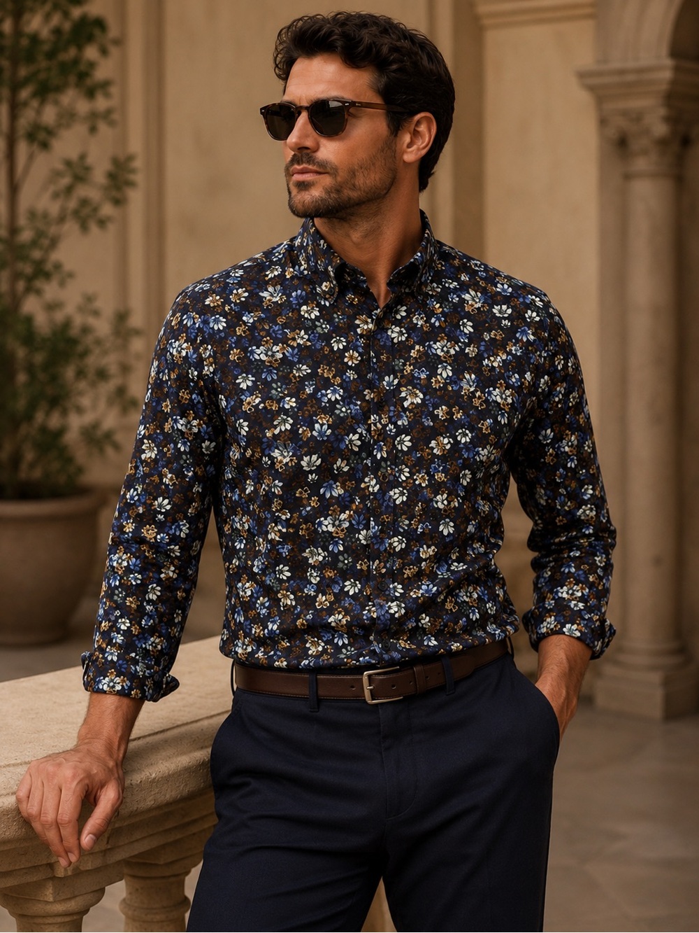 Paul Fredrick Floral Button Down Shirt XL Classic Fit Long Staple Cotton Navy